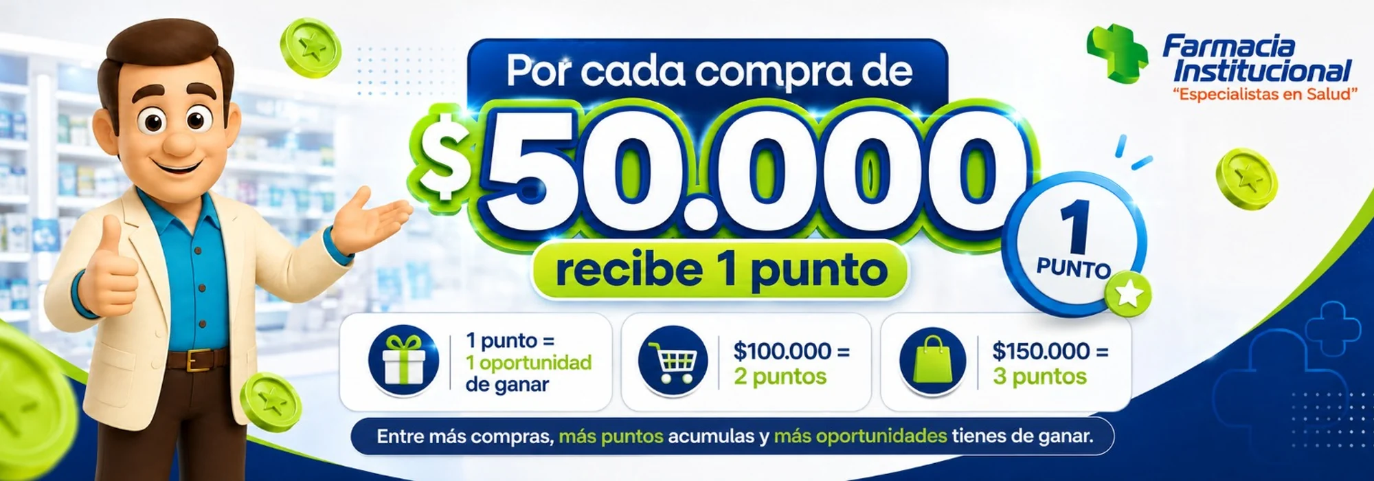 Por cada compra de $50.000 recibe 1 punto. Un punto equivale a una oportunidad de ganar: $100.000 son 2 puntos y $150.000, 3 puntos. Entre más compras, más oportunidades tienes.