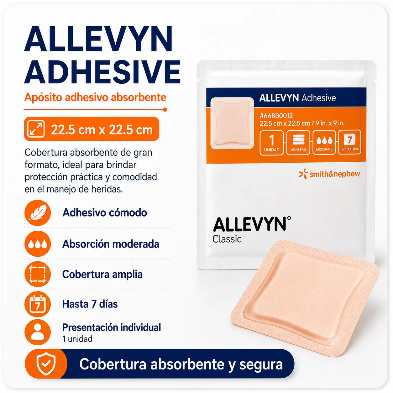 ALLEVYN CLASSIC ADHESIVE 22,5×22,5 cm UNIDAD DE APOSITO — Ostomía y cuidado de heridas