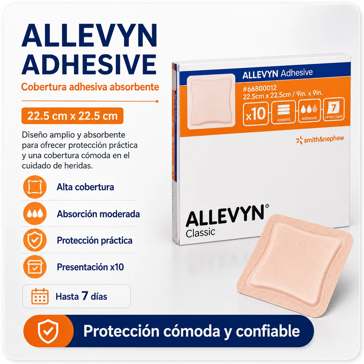 ALLEVYN CLASSIC ADHESIVE 22,5×22,5 cm CAJA X 10 APOSITOS — Ostomía y cuidado de heridas