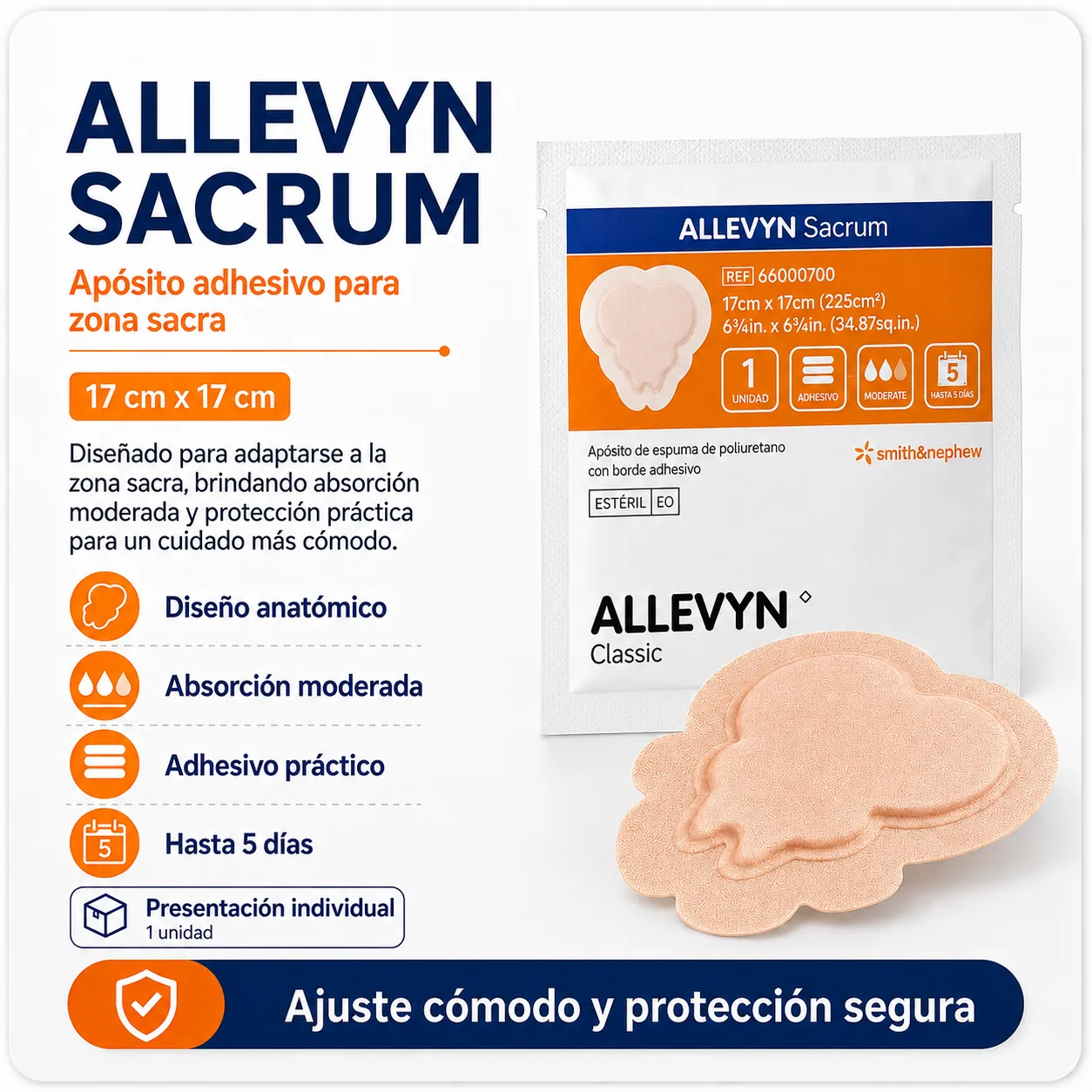ALLEVYN CLASSIC ADHESIVE SACRUM 17×17 cm UNIDAD DE APOSITO — Ostomía y cuidado de heridas