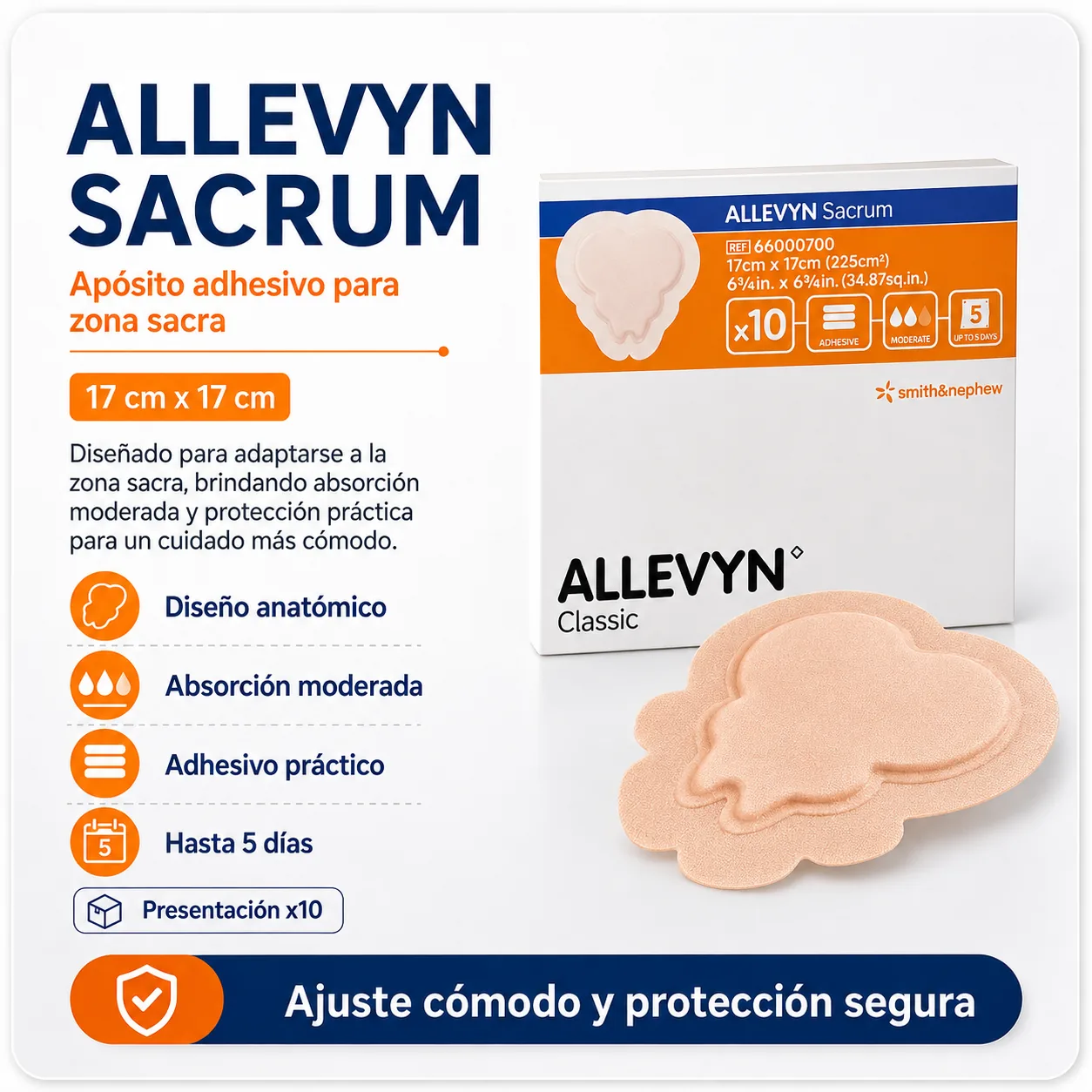 ALLEVYN CLASSIC ADHESIVE SACRUM 17×17 cm CAJA X 10 UNIDADES — Ostomía y cuidado de heridas