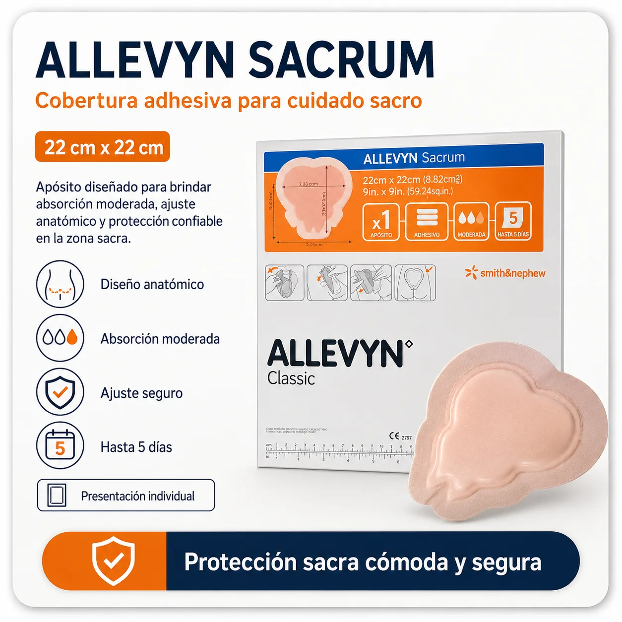 ALLEVYN CLASSIC ADHESIVE SACRUM 22,5×22,1 cm UNIDAD DE APOSITO — Ostomía y cuidado de heridas