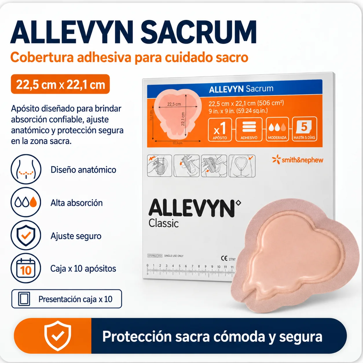 ALLEVYN CLASSIC ADHESIVE SACRUM 22,5×22,1 cm CAJA X 10 APOSITOS — Ostomía y cuidado de heridas