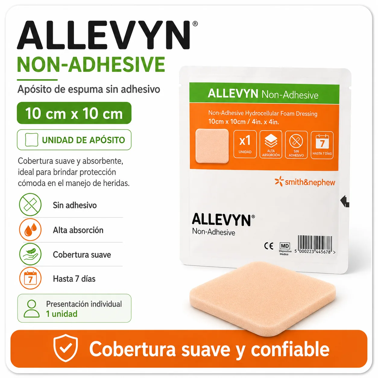 ALLEVYN CLASSIC NON ADHESIVE 10×10 cm UNIDAD DE APOSITO — Ostomía y cuidado de heridas