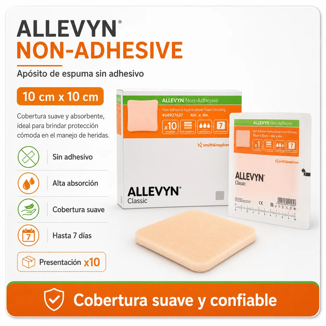 ALLEVYN CLASSIC NON ADHESIVE 10×10 cm CAJA X 10 APOSITOS — Ostomía y cuidado de heridas
