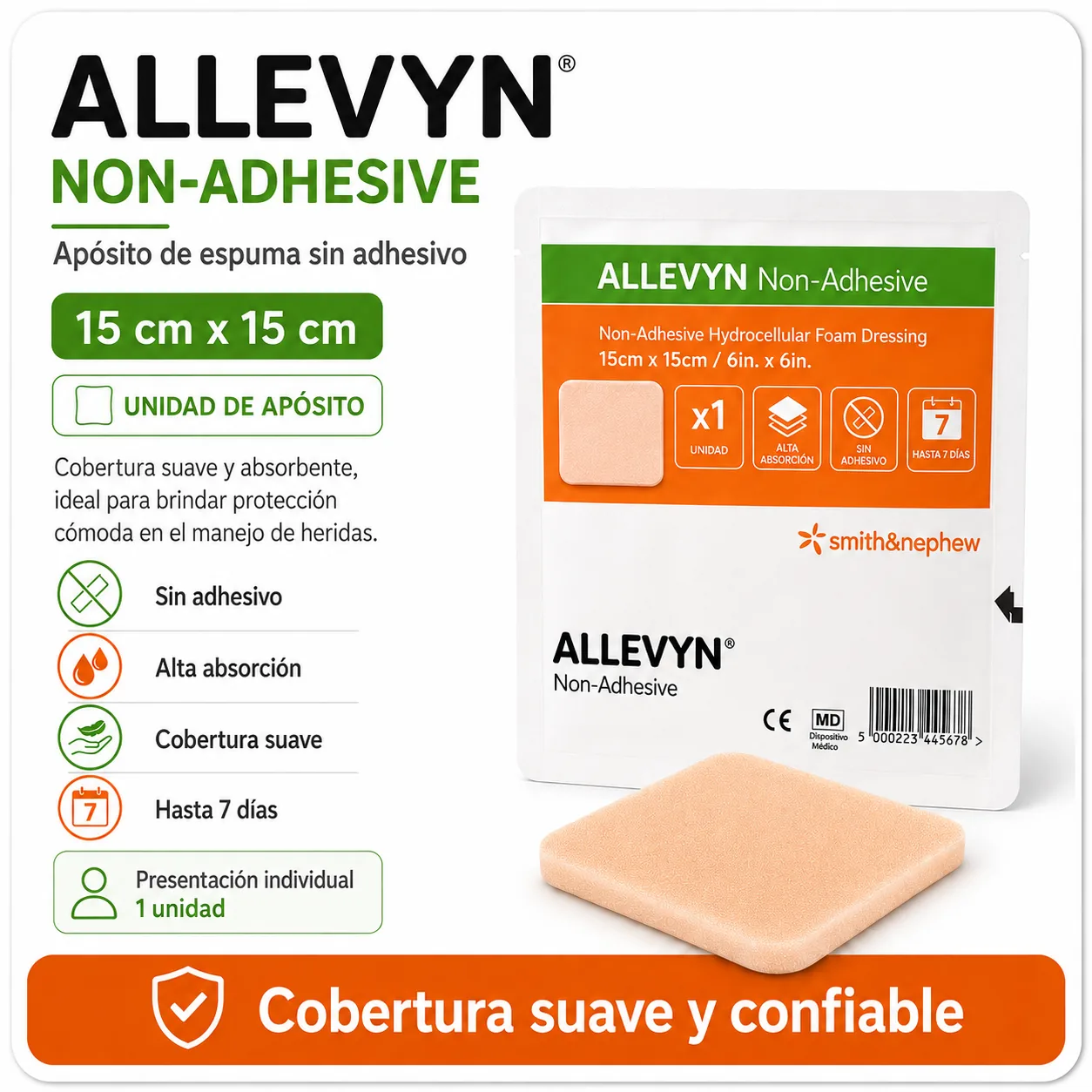 ALLEVYN CLASSIC NON ADHESIVE 15×15 cm UNIDAD — Ostomía y cuidado de heridas