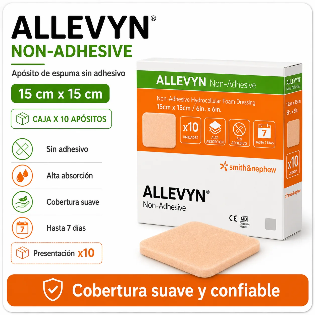 ALLEVYN CLASSIC NON ADHESIVE 15×15 cm CAJA X 10 APOSITOS — Ostomía y cuidado de heridas