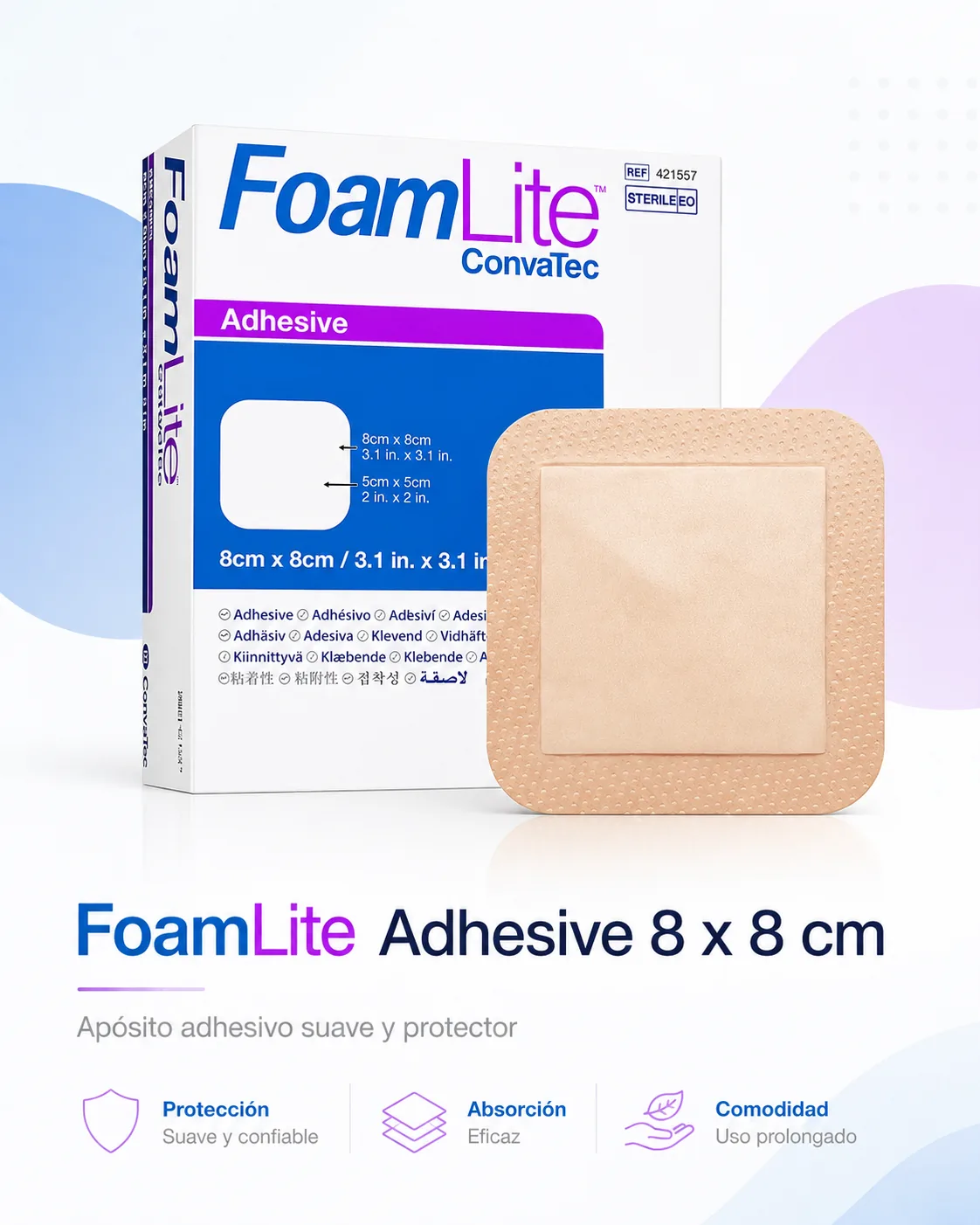 Foamlite Convatec Apósito de Espuma con Adhesivo de Silicona 8CM x 8CM Caja x 10 Apositos — Ostomía y cuidado de heridas