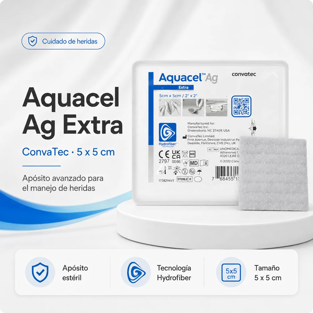 Aquacel Ag + Extra 5 CM x 5 CM Aposito Mejorado de Hydrofiber con Plata y Fibra de Refuerzo 5CM x 5C Munidad — Ostomía…