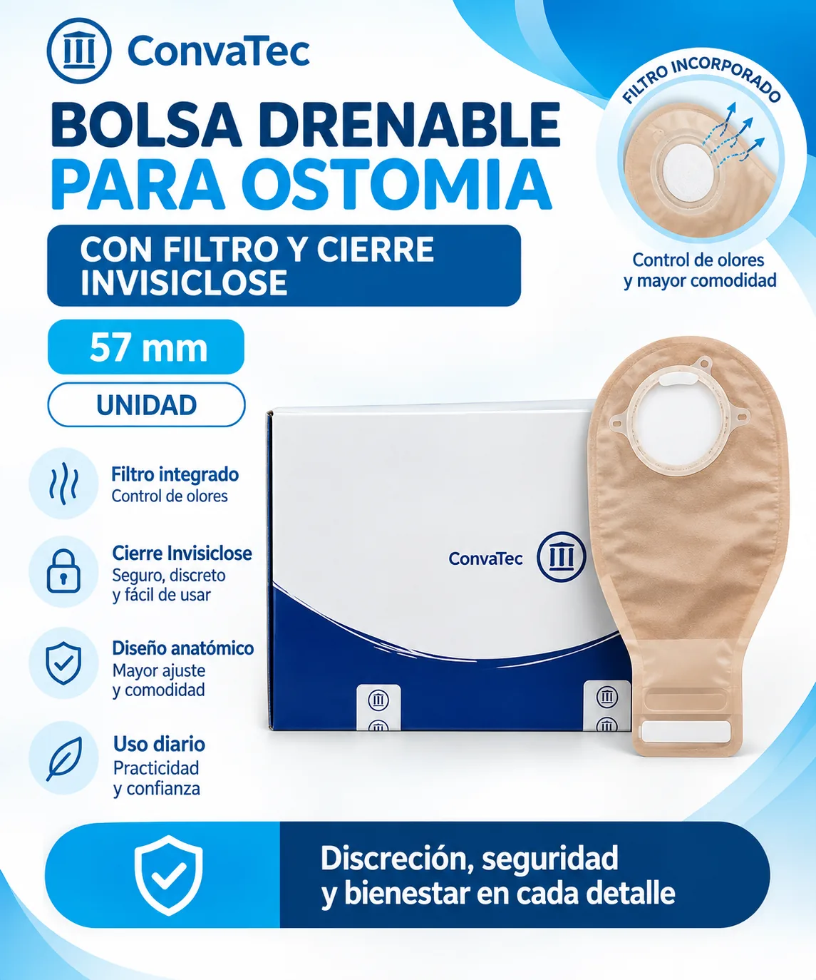 BOLSA DRENABLE PARA OSTOMIA CON FILTRO Y CIERRE INVISICLOSE 57mm UNIDAD — Ostomía y cuidado de heridas