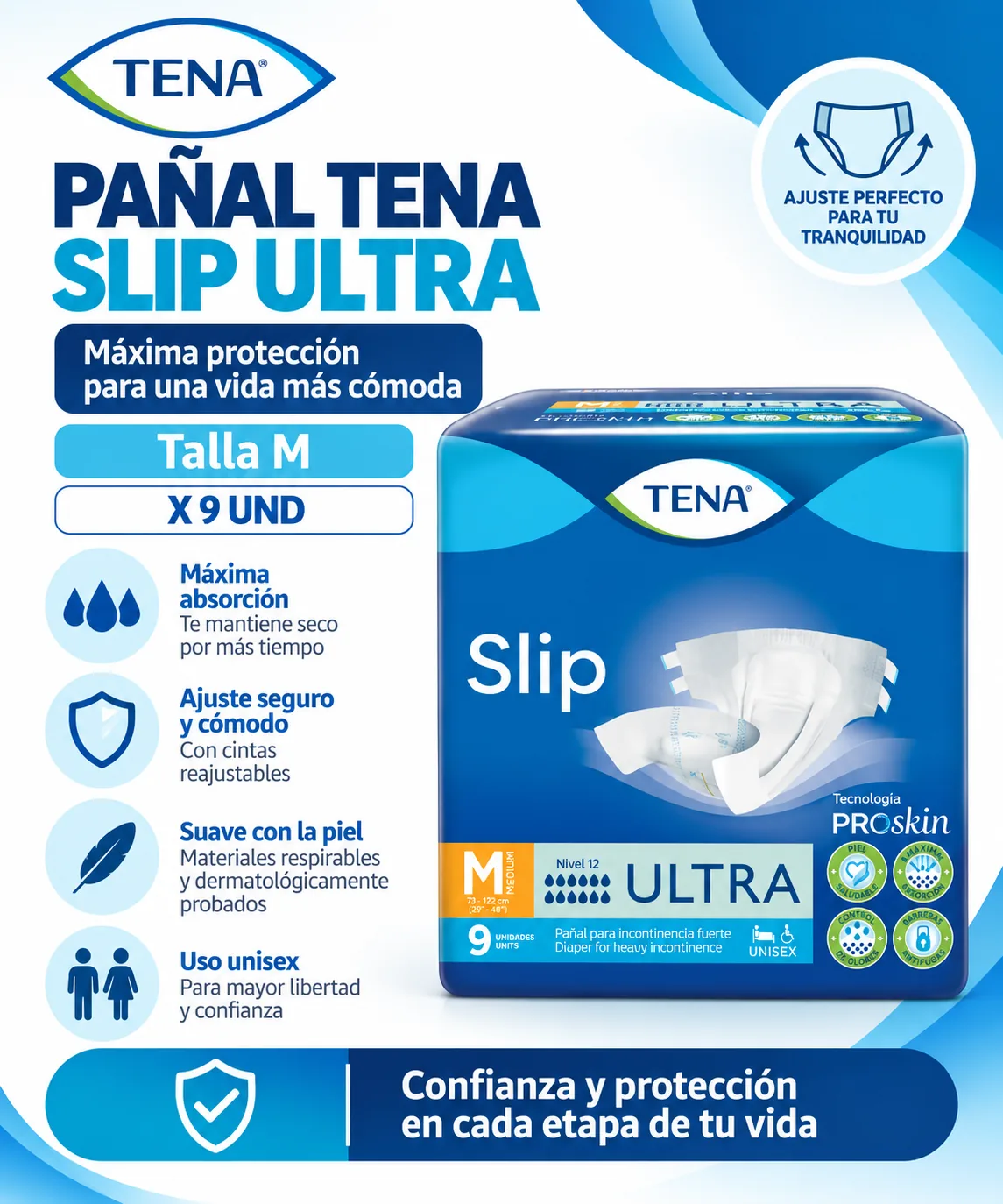 Pañal Tena Slip Ultra Talla M x 9 UND — Adulto mayor
