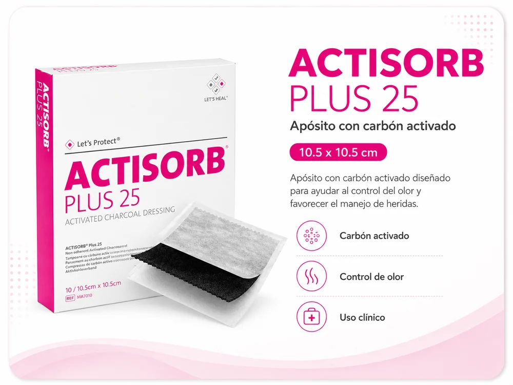 ACTISORB PLUS APOSITO DE CARBON ACTIVADO Y PLATA 10.5 X 10.5 cm UNIDAD — Ostomía y cuidado de heridas