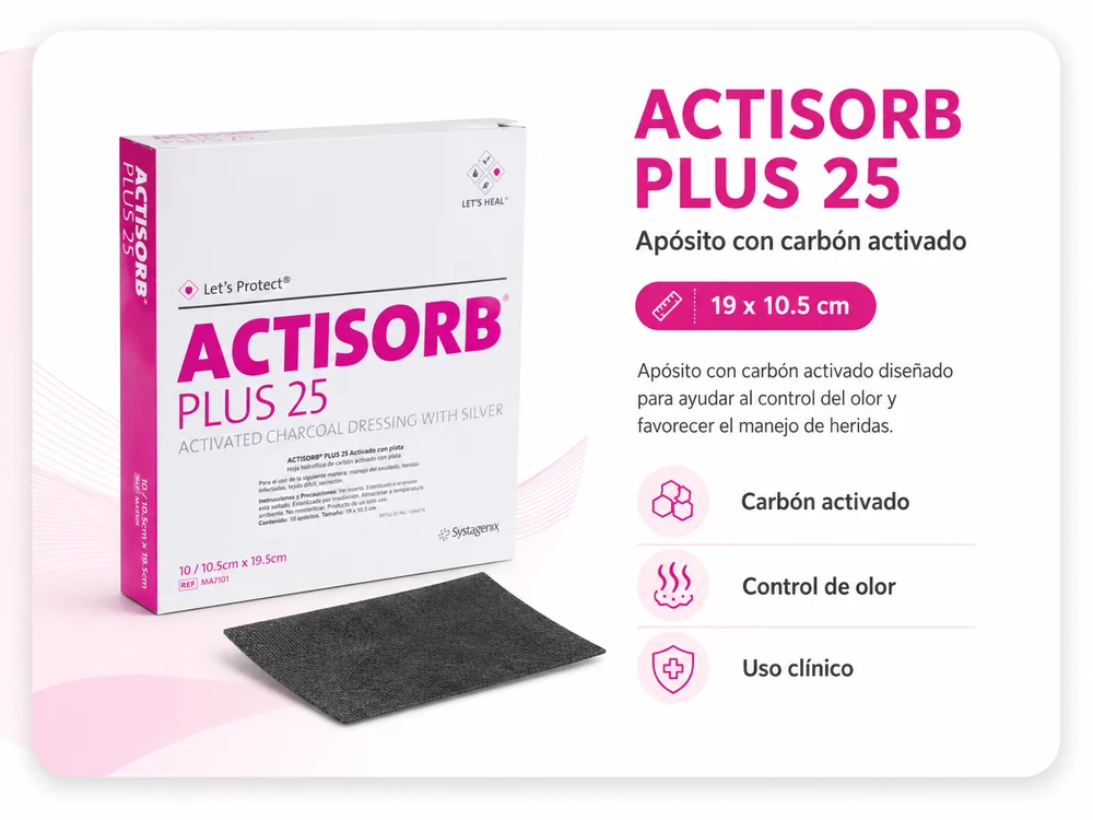 ACTISORB PLUS APOSITO DE CARBON ACTIVADO Y PLATA 19 X 10.5 cm UNIDAD — Ostomía y cuidado de heridas