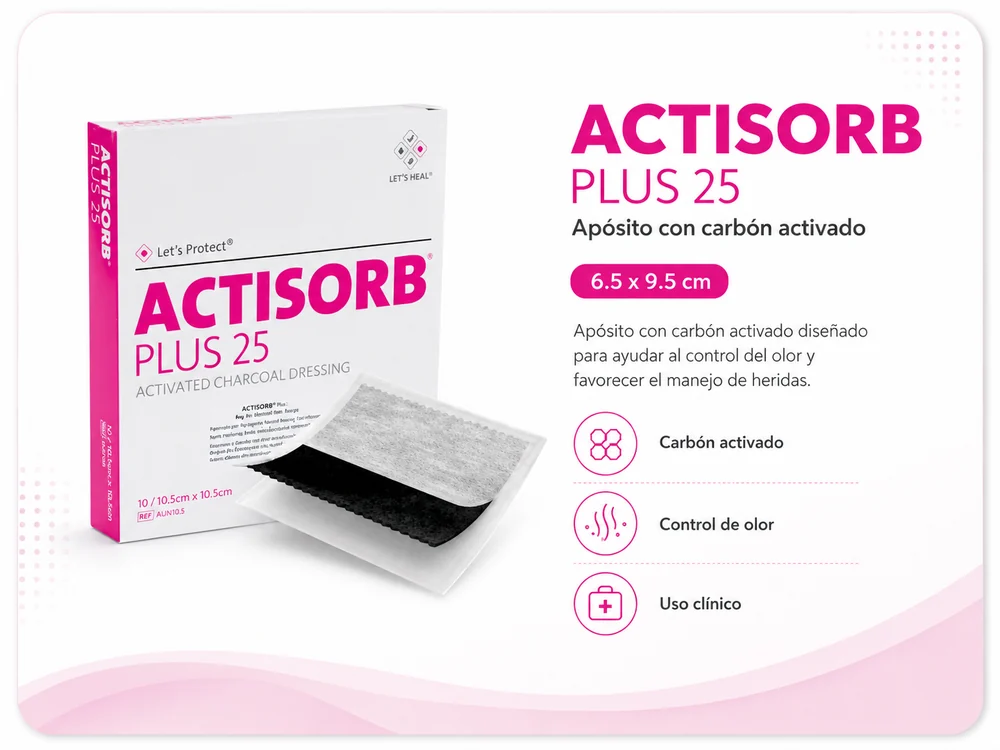 ACTISORB PLUS APOSITO DE CARBON ACTIVADO Y PLATA 6.5 X 9.5 cm CAJA X 10 APOSITOS — Ostomía y cuidado de heridas