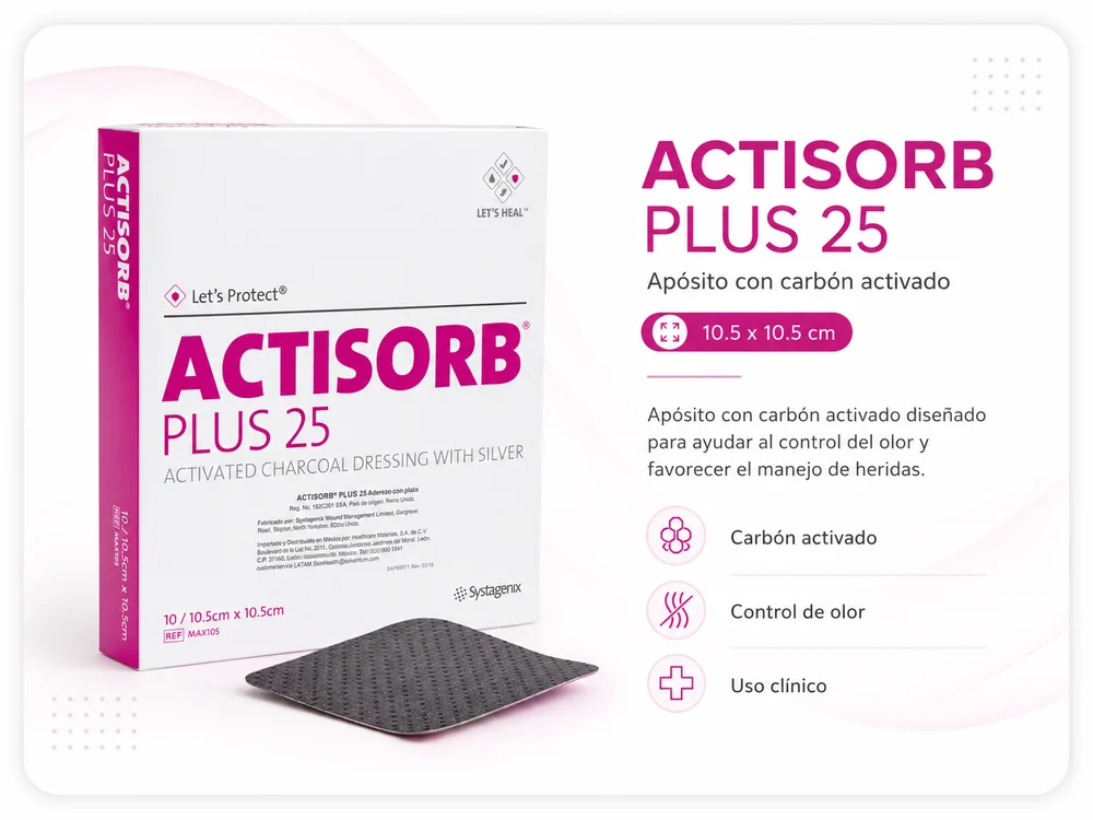 ACTISORB PLUS APOSITO DE CARBON ACTIVADO Y PLATA 10.5 x 10.5 cm CAJA X 10 UNIDADES — Ostomía y cuidado de heridas