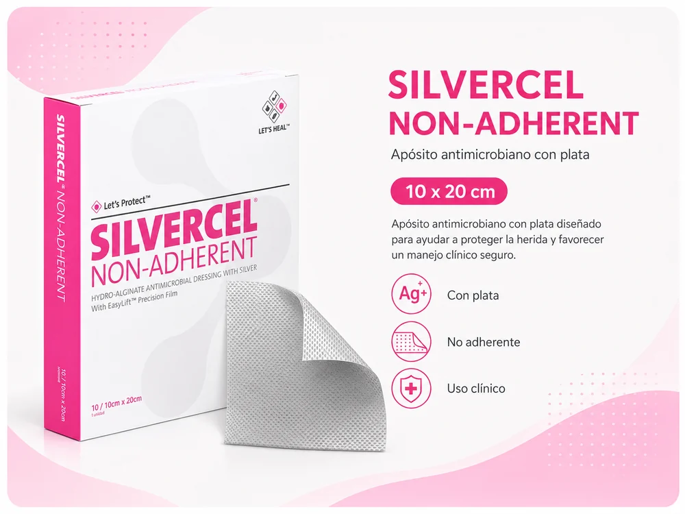 SILVERCEL NA HIDROALGINATO CON PLATA Y CARBOXIMETILCELULOSA 10 X 20 cm CAJA X 5 APOSITOS — Ostomía y cuidado de heridas