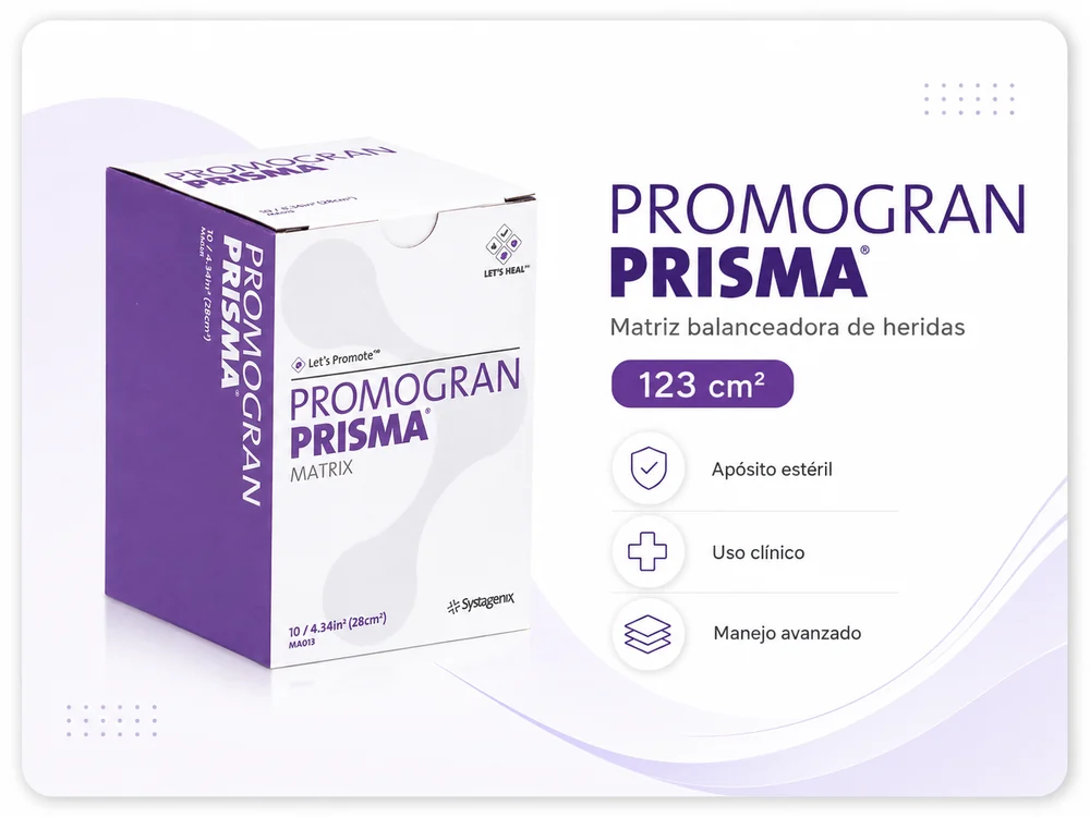 PROMOGRAN PRISMA MATRIZ MODULADORA DE PROTEASAS CON PLATA 123 cm2 CAJA X 10 UNIDADES — Ostomía y cuidado de heridas
