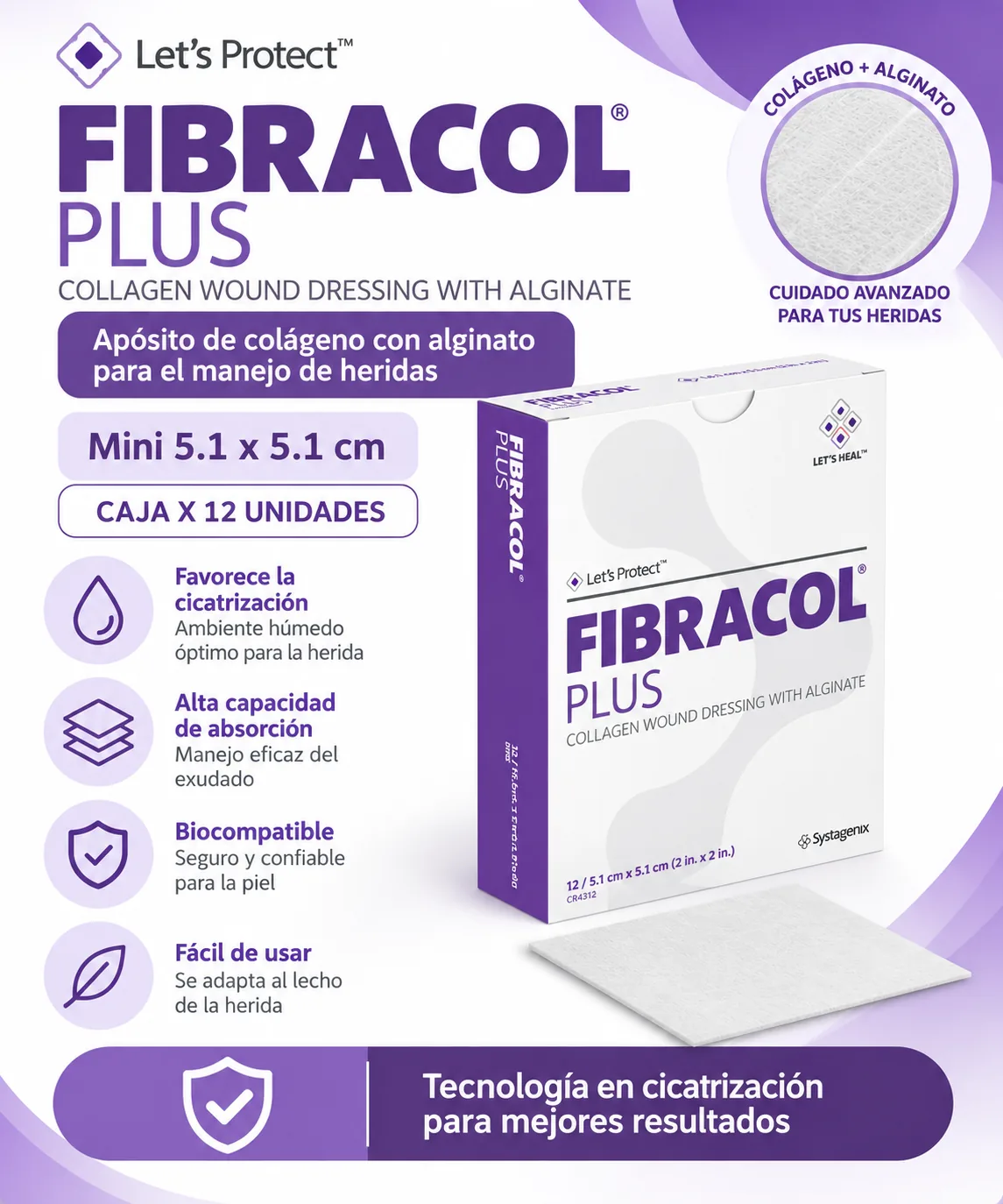 FIBRACOL PLUS mini 5.1 X 5.1cm CAJA X 12 UNIDADES — Ostomía y cuidado de heridas