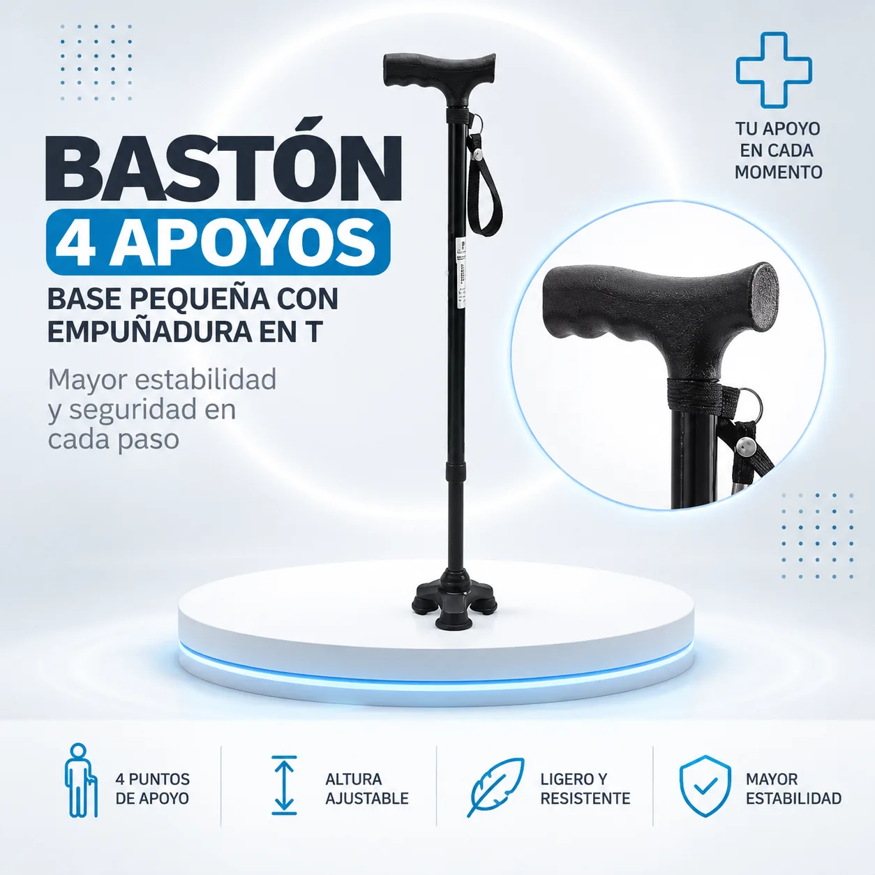 Bastón 4 Apoyos Base Pequeña con Empuñadura en T — Movilidad