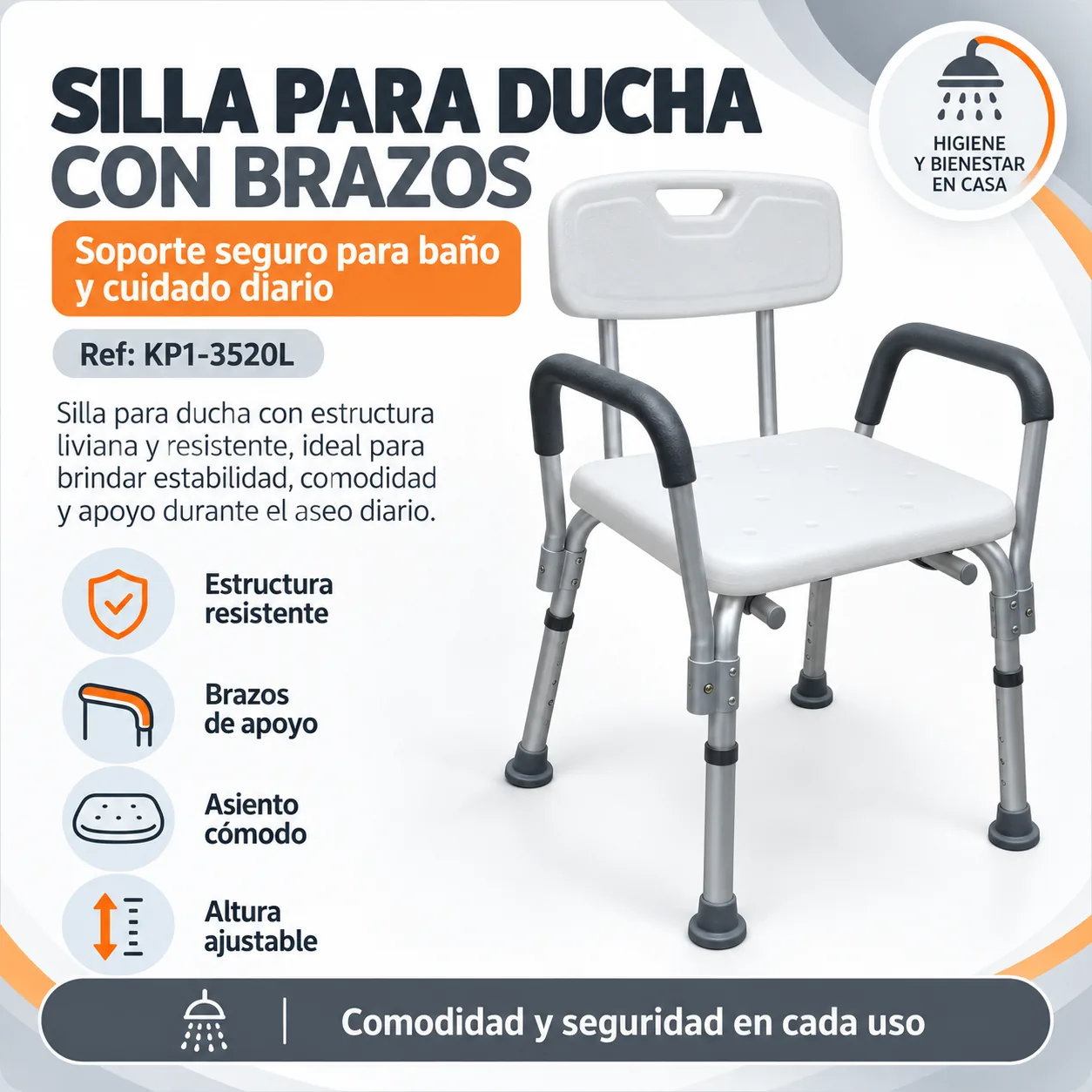 Silla para Ducha con Brazos Konfort Plus Ref: KP1-3520L — Movilidad