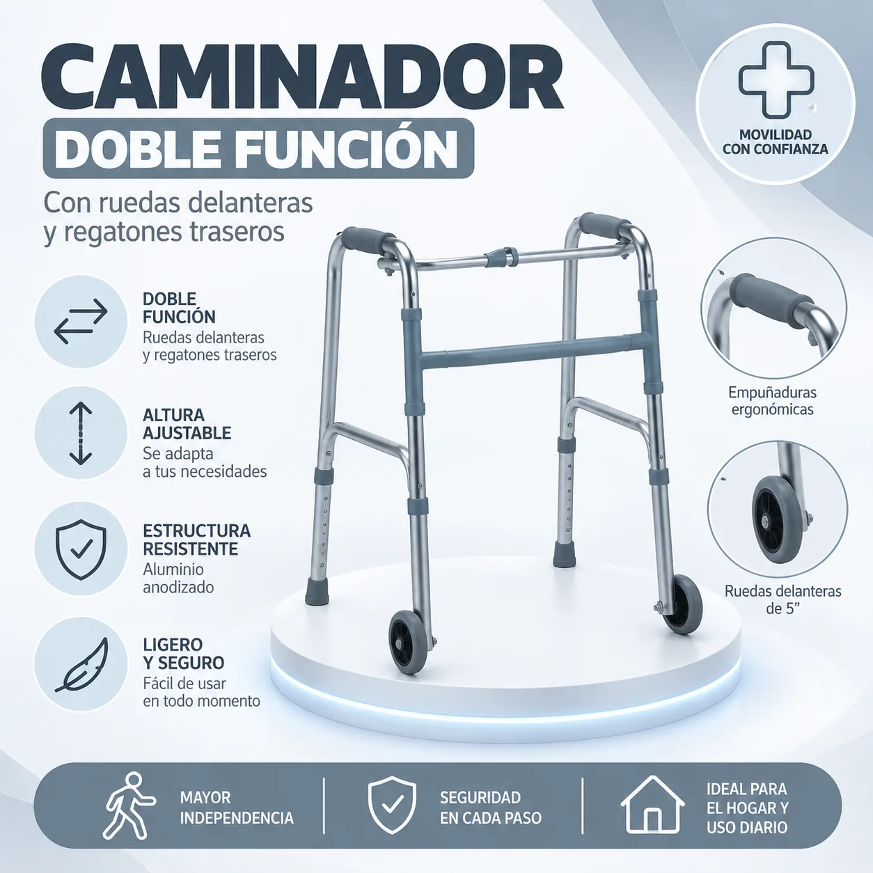 Caminador Dcon Ruedas de 5″ en Aluminio Anodizaso Kp Color Gris Rf KP153-AL 19 — Movilidad