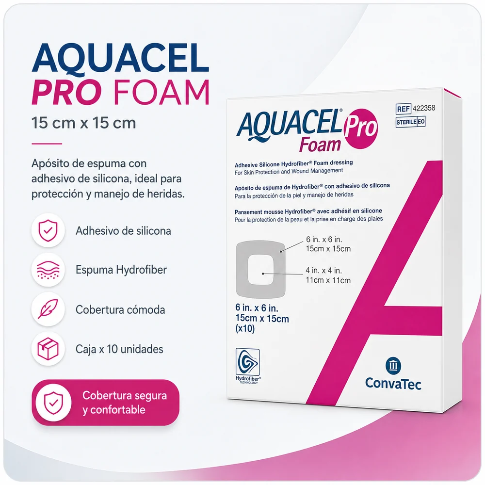 AQUACEL FOAM PRO ADHESIVE SILICONE HYDROFIBER 15 cm x 15 cm UNIDAD — Ostomía y cuidado de heridas