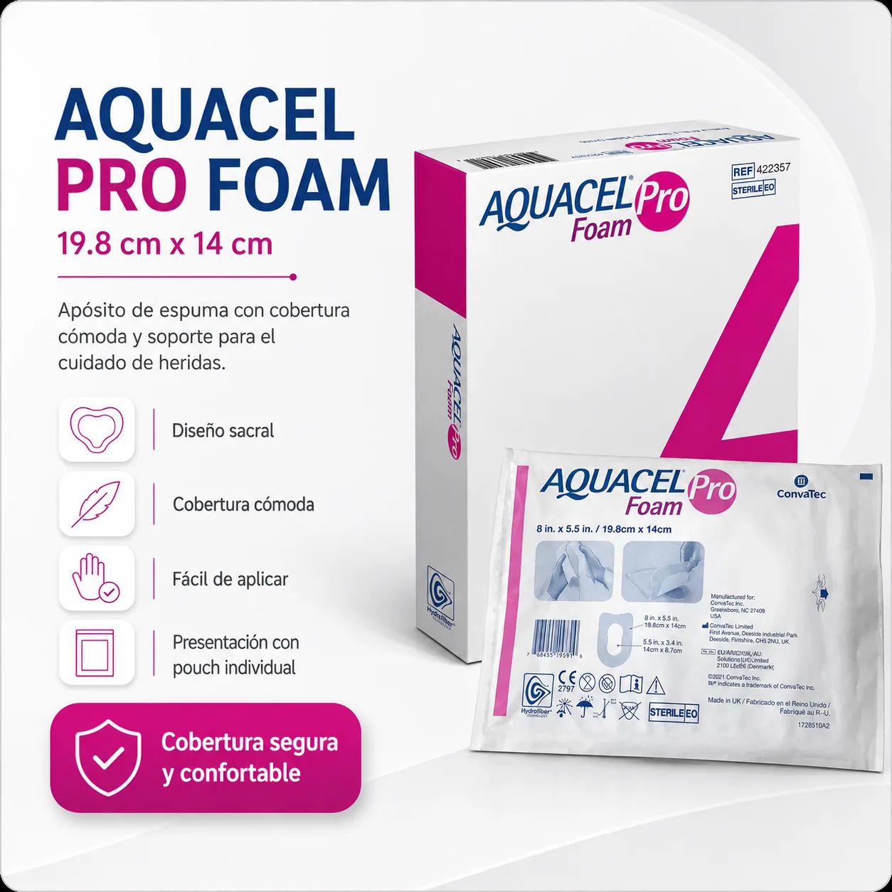 AQUACEL FOAM PRO ADHESIVE SILICONE HYDROFIBER Talón 19.8 cm x 14 cm UNIDAD — Ostomía y cuidado de heridas
