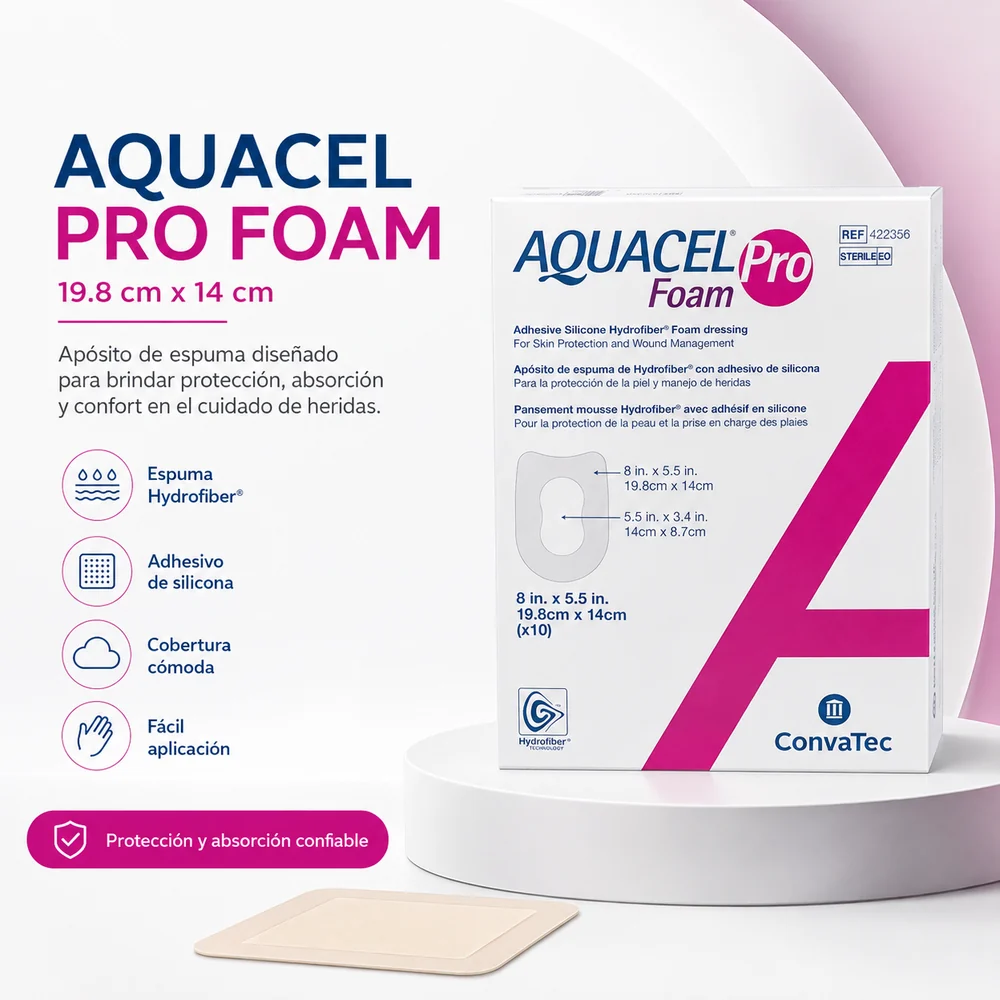 AQUACEL FOAM PRO ADHESIVE SILICONE HYDROFIBER 19.8 cm x 14 cm Talón CAJA X 10 APOSITOS — Ostomía y cuidado de heridas