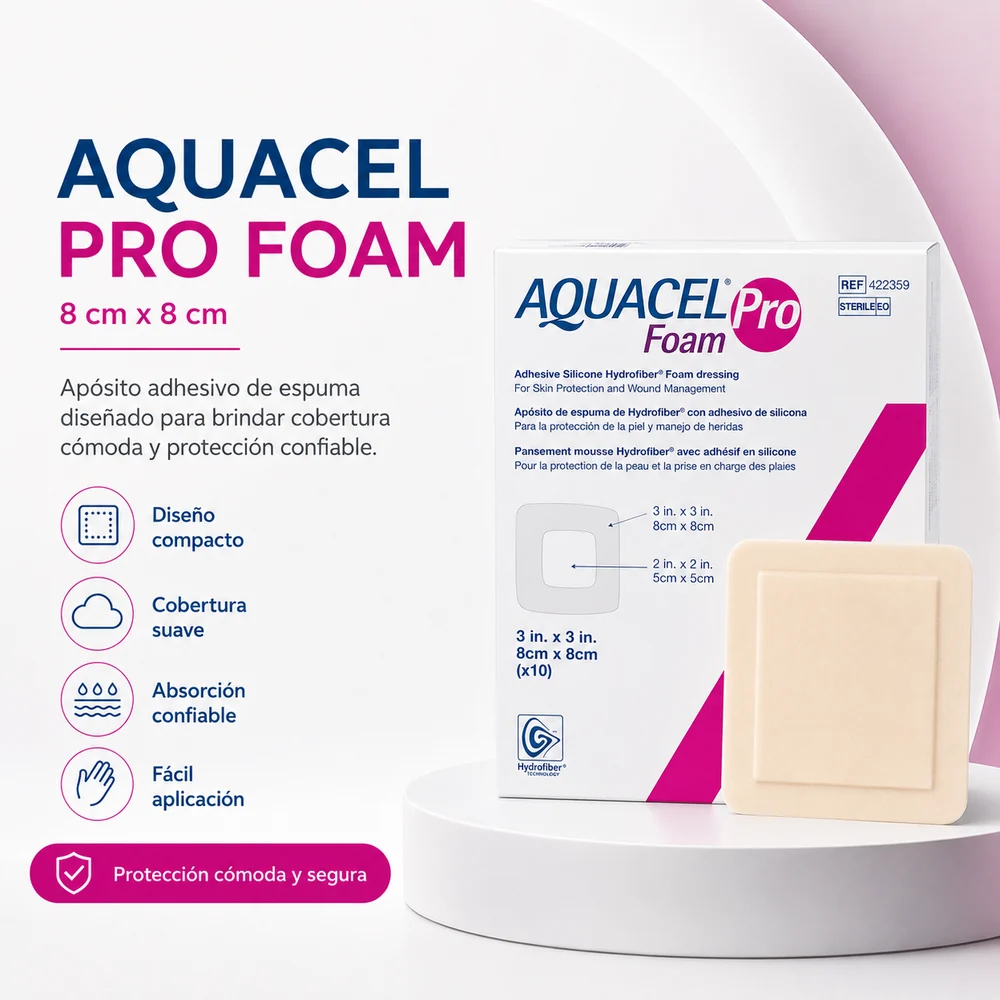 AQUACEL FOAM PRO ADHESIVE SILICONE HYDROFIBER 8 cm x 8 cm UNIDAD — Ostomía y cuidado de heridas