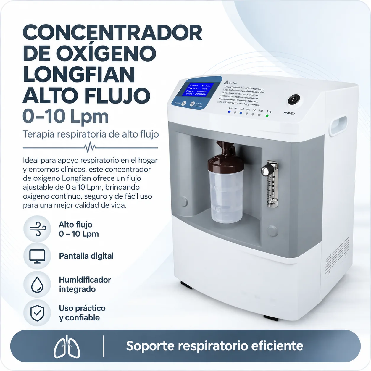 Concentrador de Oxigeno Longfian Alto Flujo 0-10 Lpm — Equipos médicos