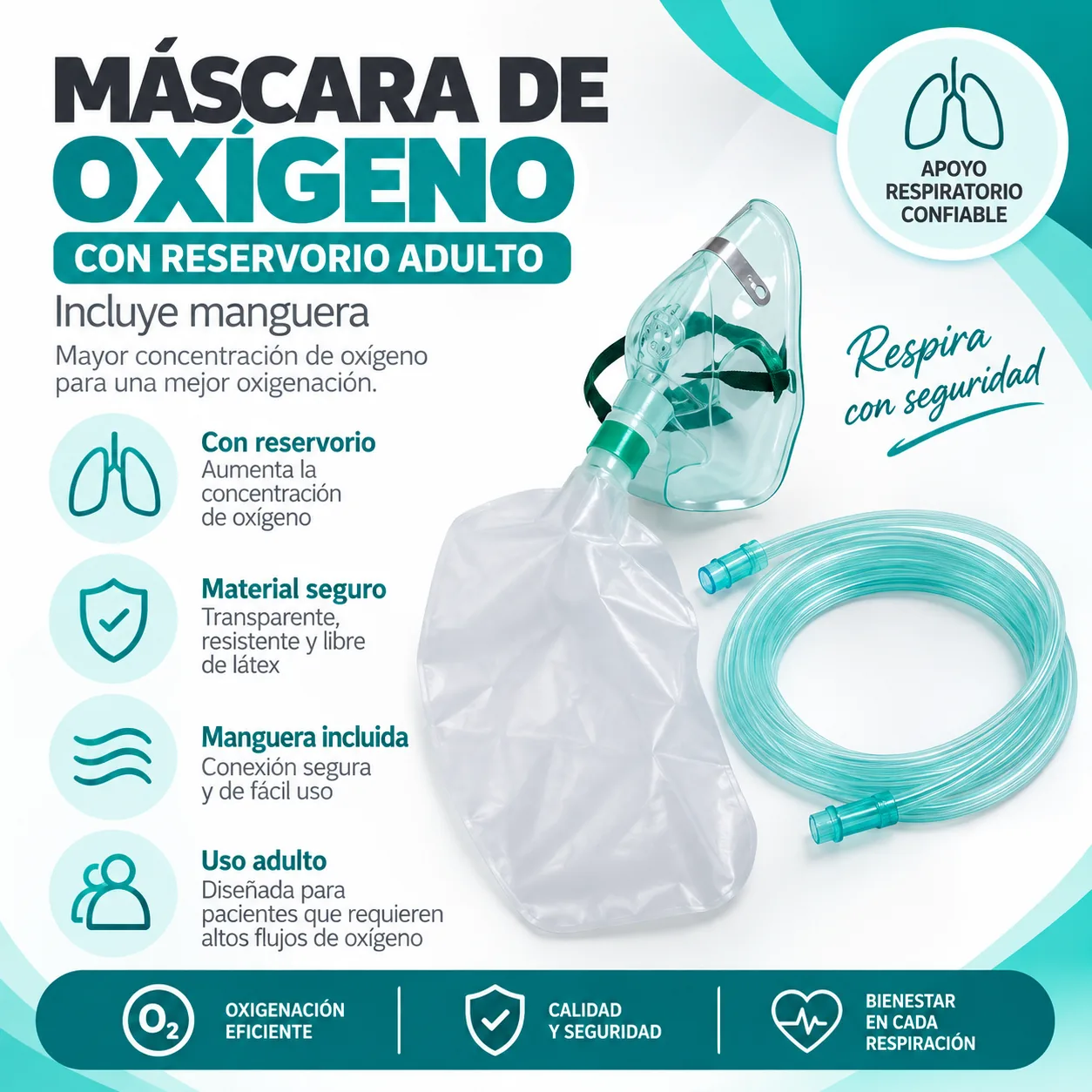 Máscara de Oxígeno con Reservorio Adulto, Manguera 2 Mts Transparente Ref: MS02-L-2.0 — Terapia respiratoria