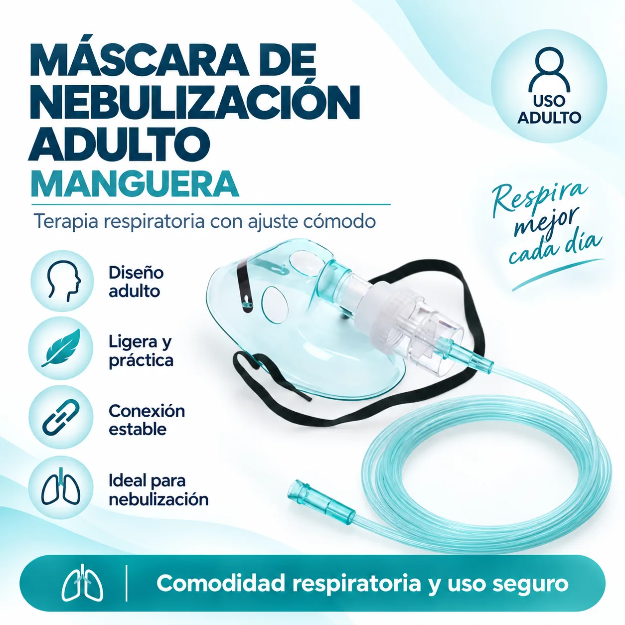 Máscara de Nebulización Adulto, Manguera 2 Mts Transparente, Frasco Nebulizador 6 CC Ref: MW01-L-2.0 — Terapia…