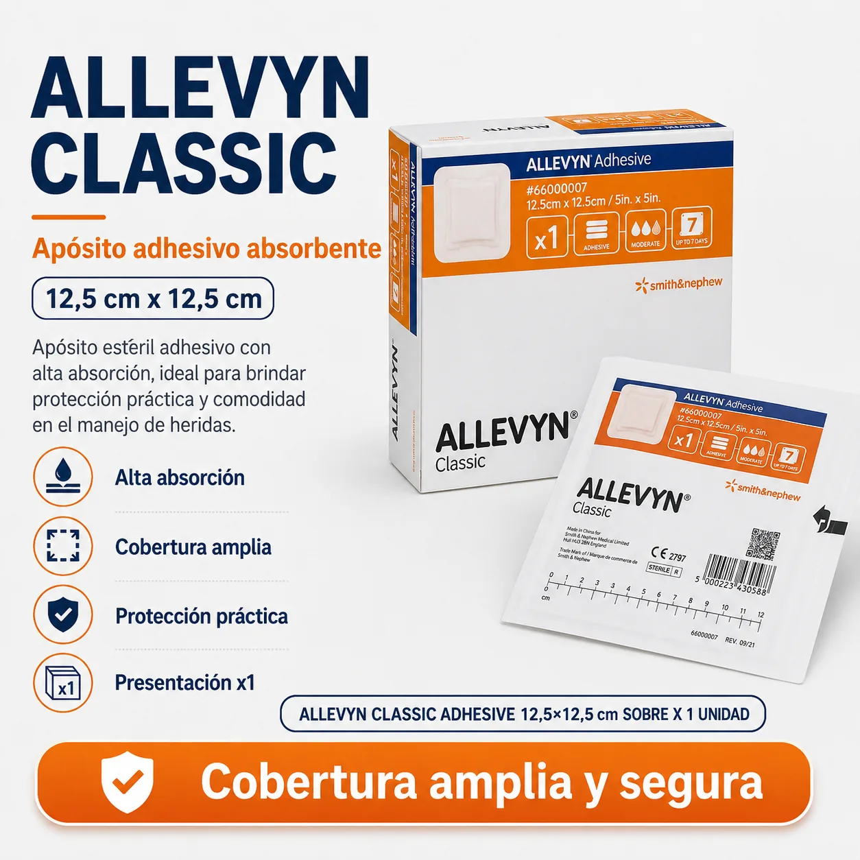 ALLEVYN CLASSIC ADHESIVE 12,5×12,5 cm SOBRE X 1 UNIDAD — Ostomía y cuidado de heridas