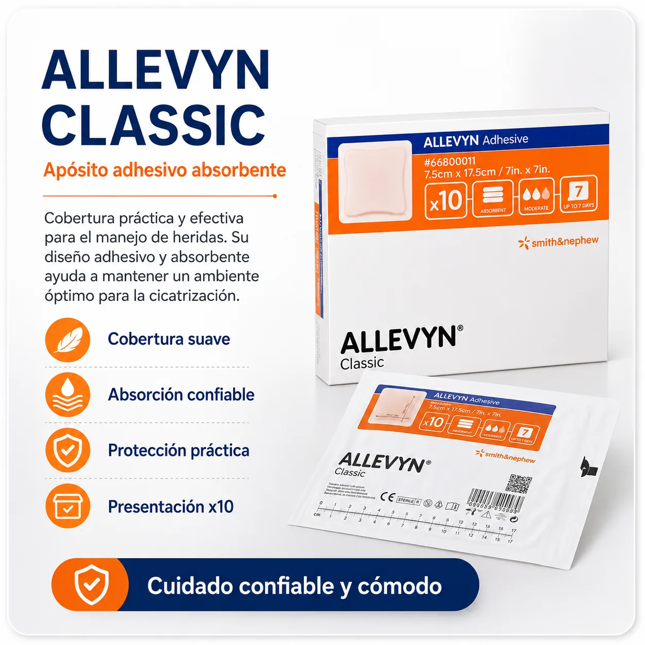 ALLEVYN CLASSIC ADHESIVE 12,5×12,5 cm CAJA X 10 APOSITOS — Ostomía y cuidado de heridas