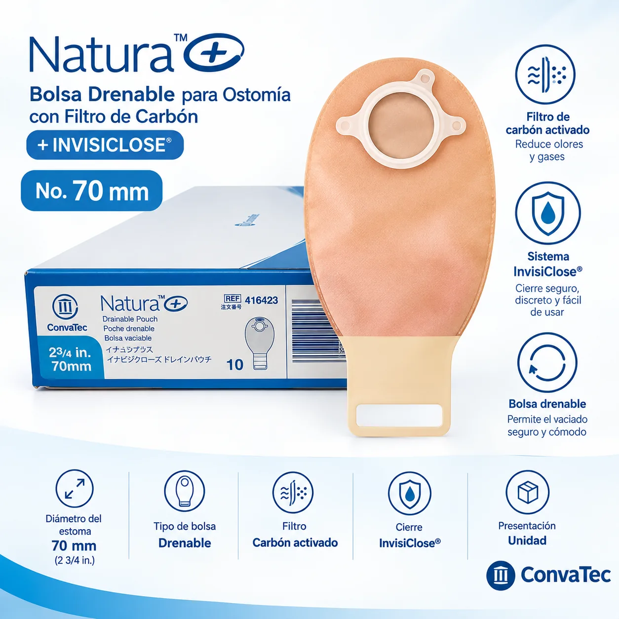 BOLSA DRENABLE PARA OSTOMIA CON FILTRO DE CARBON + INVISICLOSE No 70mm UNIDAD — Ostomía y cuidado de heridas