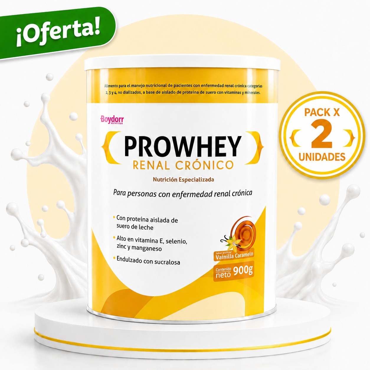 PROWHEY RENAL CRONICO SABOR VAINILLA CARAMELO LATA X 900 GR OFERTA PACK X 2 UNIDADES
